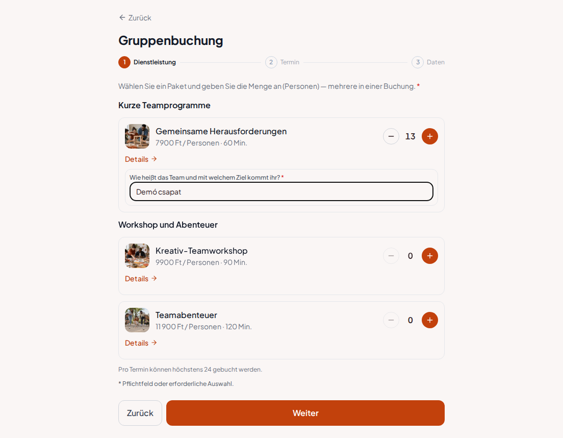 Buchungssystem für Teambuilding-Programme – Vorab-Buchungsfrage für Teambuilding-Programm: Wie heißt das Team und mit welchem Ziel kommt ihr?