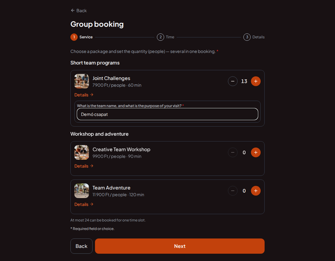 Booking system for team building programs – Team building program pre-booking question: What is the team name, and what is the purpose of your visit?