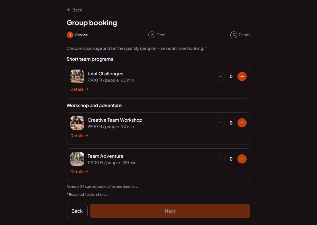 Booking system for team building programs – Joint Challenges, Creative Team Workshop, Team Adventure with prices, durations, and categories