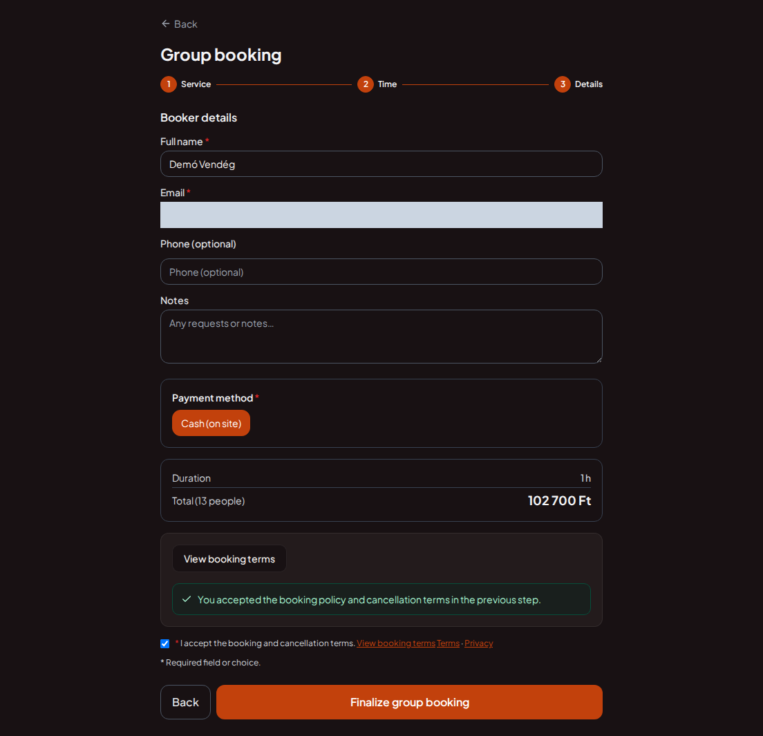 Booking system for team building programs – Team building program group summary with program, size, and total fee