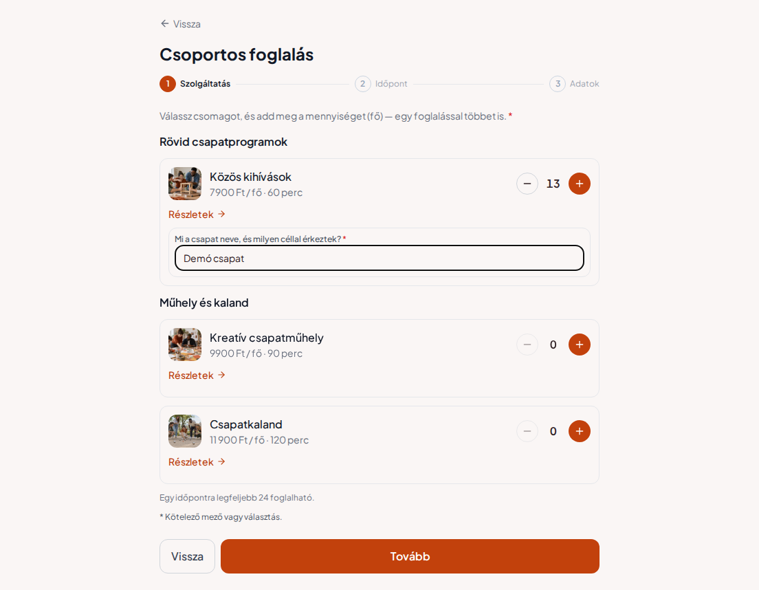 Foglalórendszer csapatépítő programokhoz – Csapatépítő program előzetes foglalási kérdése: Mi a csapat neve, és milyen céllal érkeztek?