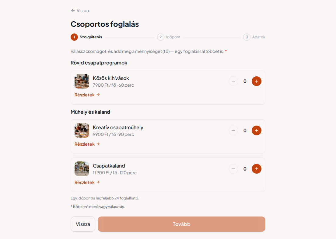 Foglalórendszer csapatépítő programokhoz – Közös kihívások, Kreatív csapatműhely, Csapatkaland árakkal, időtartammal és kategóriákkal