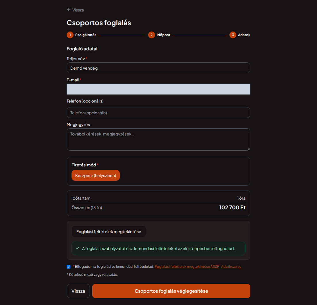 Foglalórendszer csapatépítő programokhoz – Csapatépítő program csoportos összesítője a programmal, létszámmal és teljes díjjal