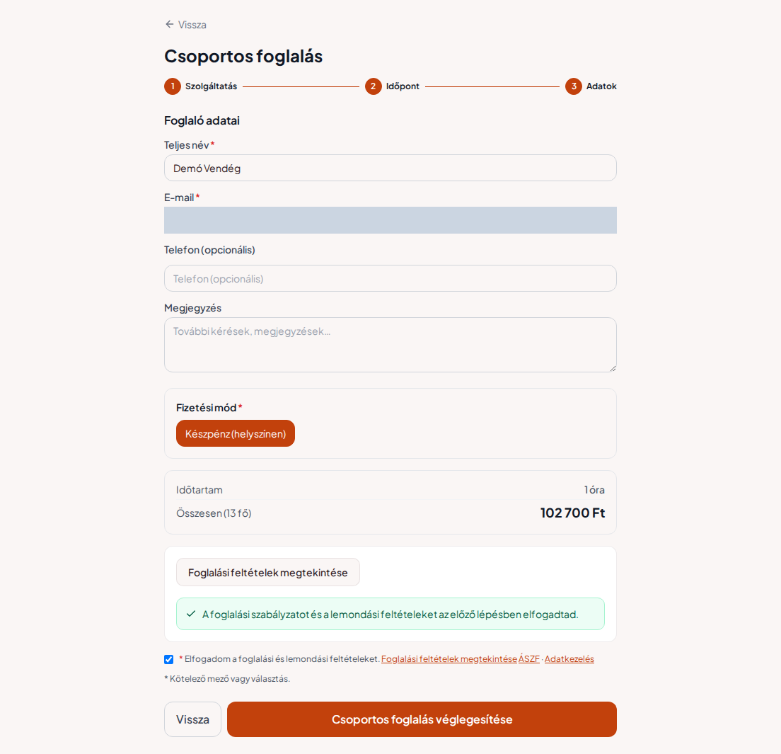 Foglalórendszer csapatépítő programokhoz – Csapatépítő program csoportos összesítője a programmal, létszámmal és teljes díjjal