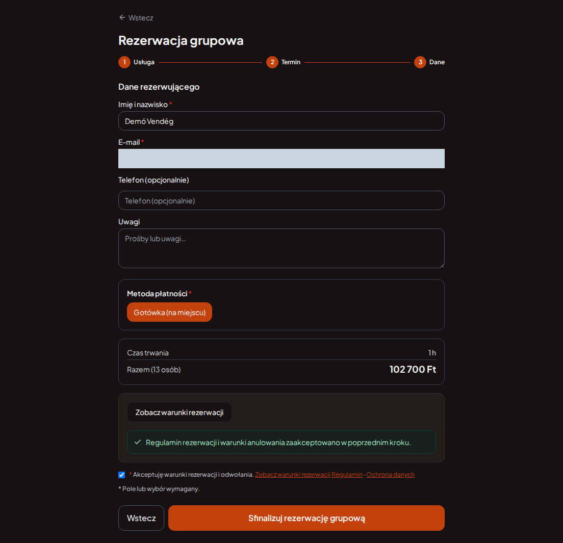 System rezerwacyjny dla programów teambuildingowych – Grupowe podsumowanie programu team building z programem, liczbą osób i całkowitą opłatą