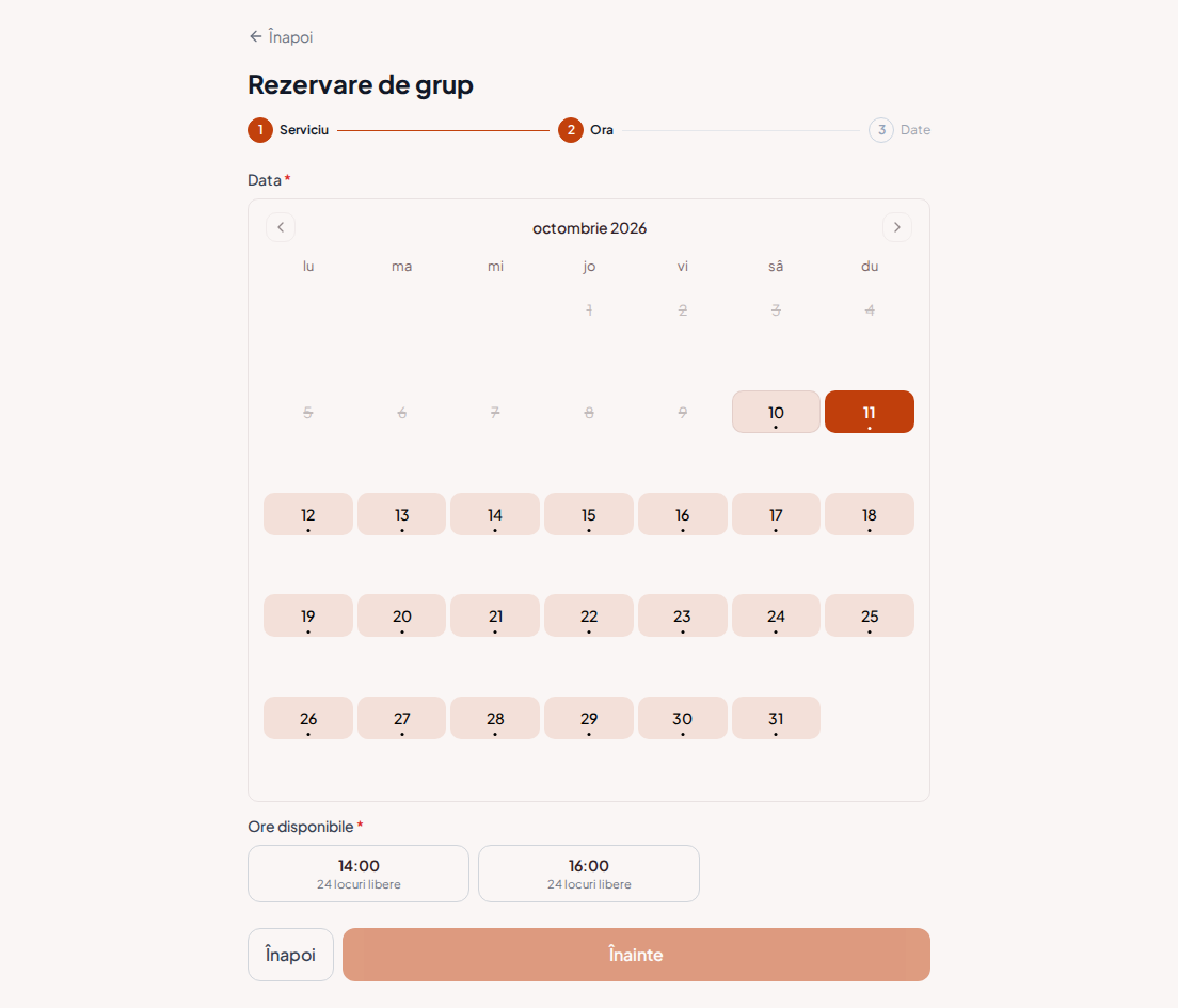 Sistem de rezervări pentru programe de team building – Calendar de rezervări pentru programe de team building cu locuri suficiente pentru numărul de persoane din grup