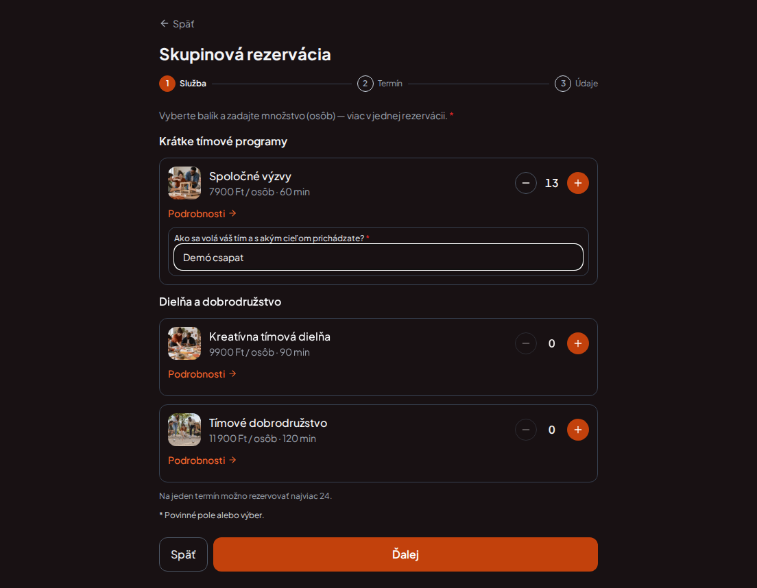 Rezervačný systém pre teambuildingové programy – Predrezervačná otázka pre teambuildingový program: Ako sa volá váš tím a s akým cieľom prichádzate?