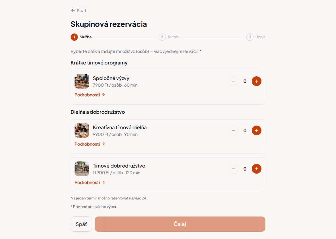 Rezervačný systém pre teambuildingové programy – Spoločné výzvy, Kreatívna tímová dielňa, Tímové dobrodružstvo s cenami, dĺžkou a kategóriami