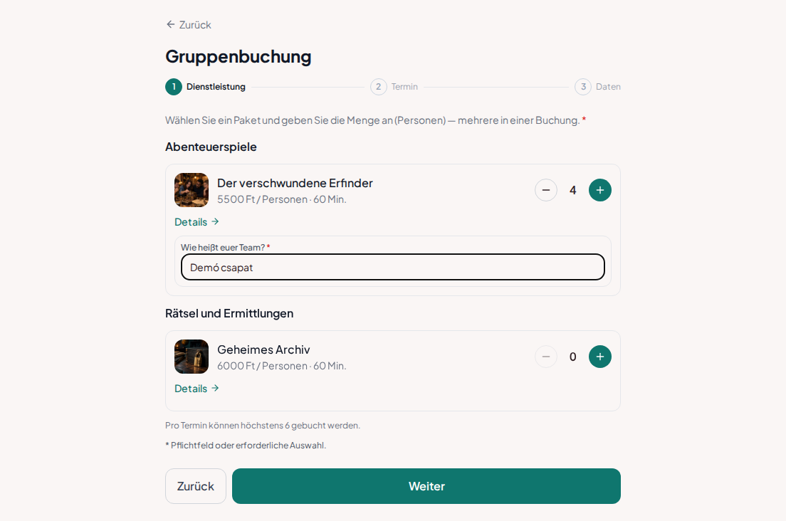Gruppenbuchung für Escape-Rooms – Gruppenformular für den Escape-Room mit Kontaktdaten und Teamname