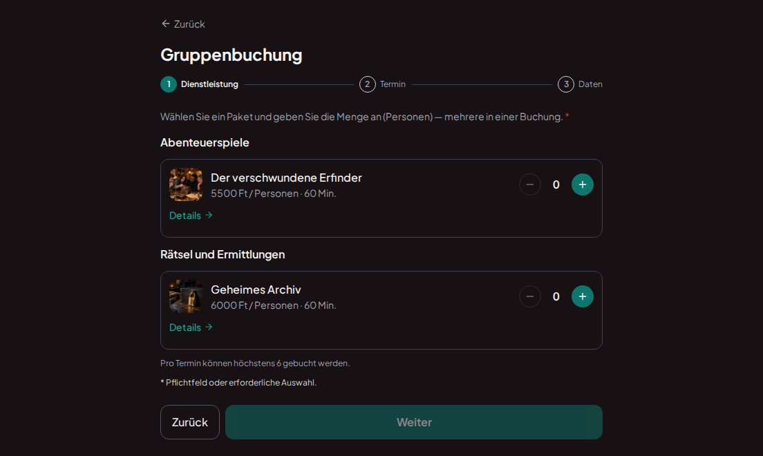 Gruppenbuchung für Escape-Rooms – Escape-Rooms mit Bildern, Spielzeit, Preis pro Person und Auswahl der Gruppengröße