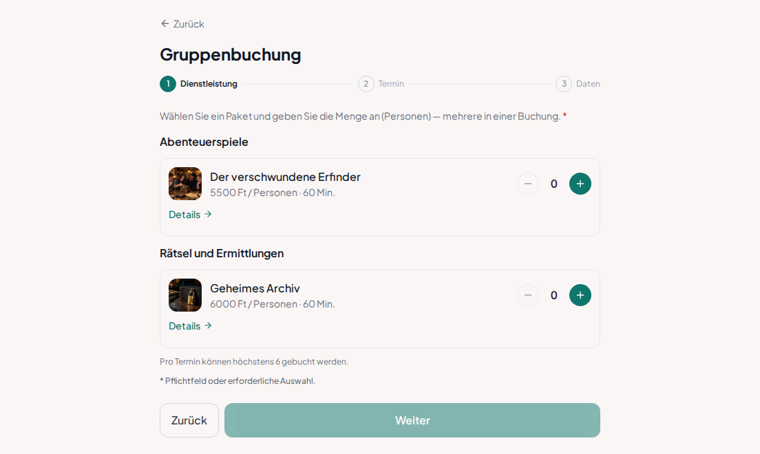 Gruppenbuchung für Escape-Rooms – Escape-Rooms mit Bildern, Spielzeit, Preis pro Person und Auswahl der Gruppengröße