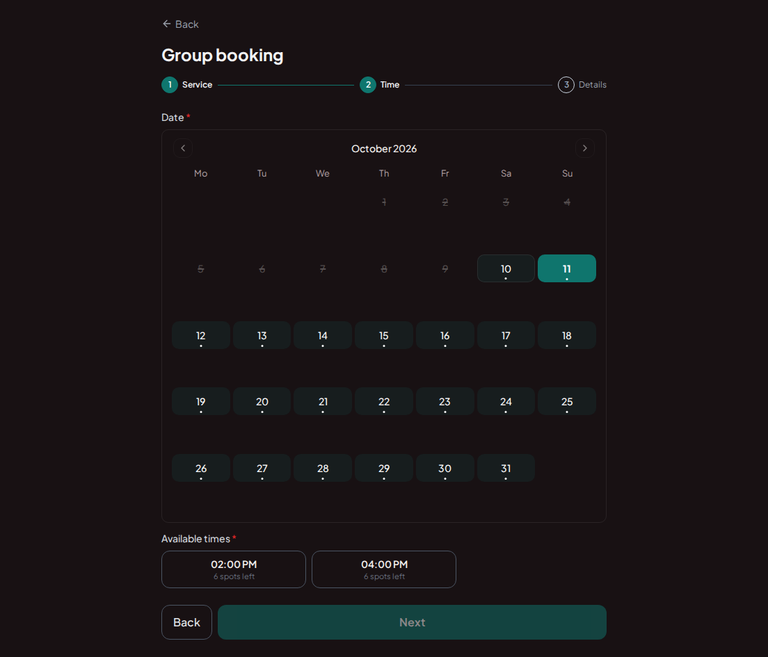 Group booking for escape rooms – Group booking calendar with available slots that fit the whole team