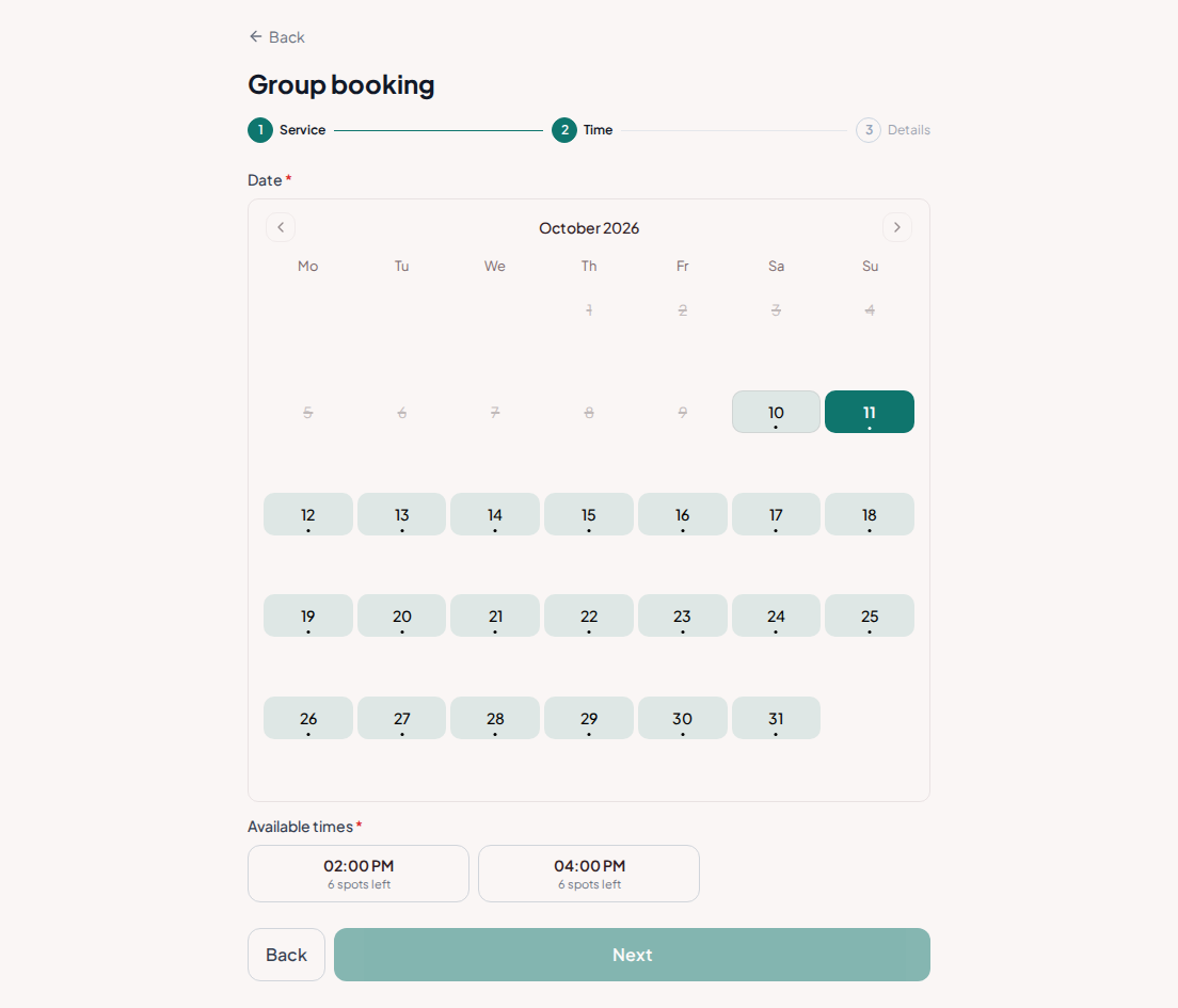 Group booking for escape rooms – Group booking calendar with available slots that fit the whole team