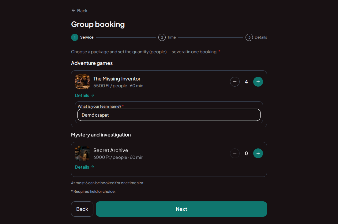 Group booking for escape rooms – Escape room group form with organiser details and team name