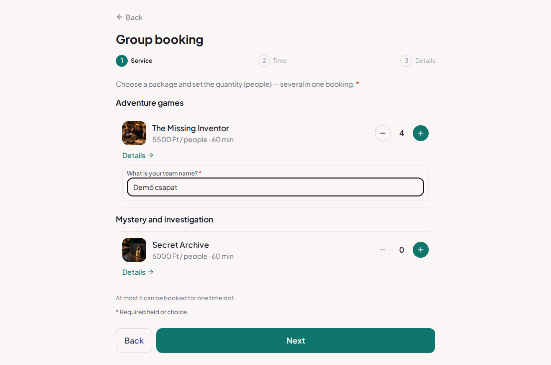 Group booking for escape rooms – Escape room group form with organiser details and team name