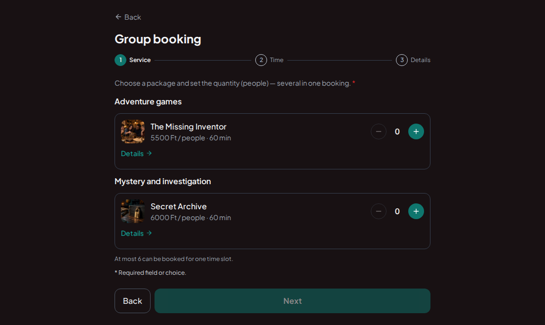 Group booking for escape rooms – Escape rooms with photos, game duration, price per person and group-size selection