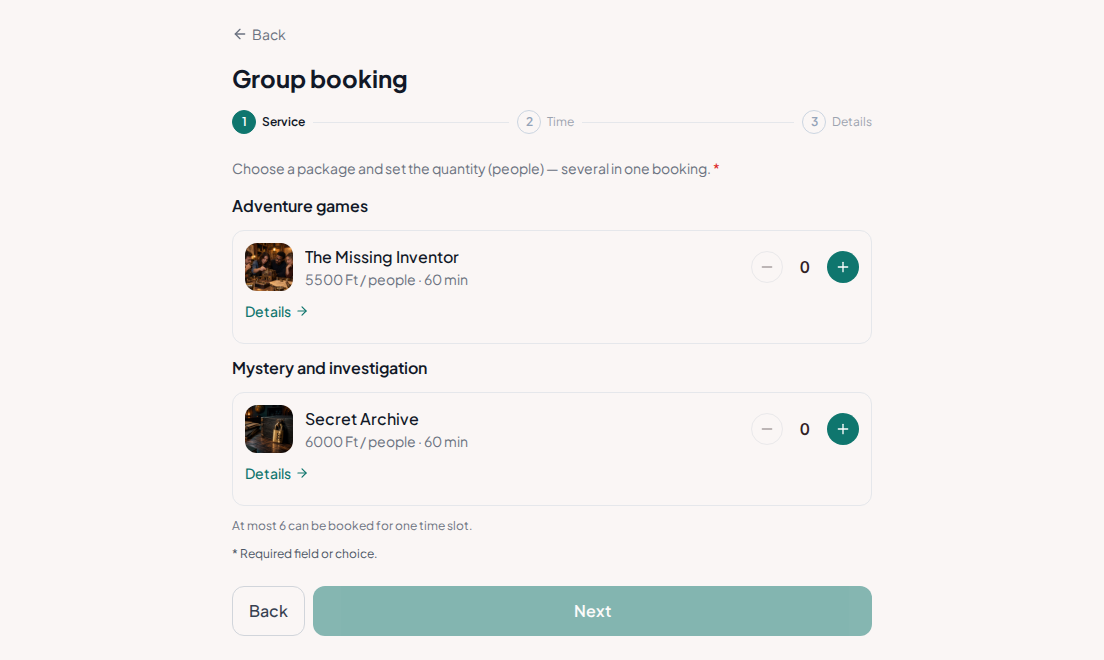 Group booking for escape rooms – Escape rooms with photos, game duration, price per person and group-size selection