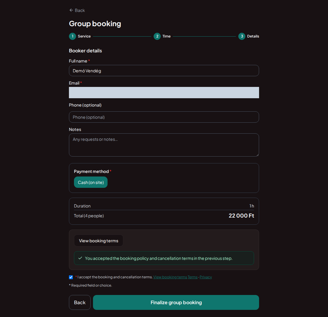 Group booking for escape rooms – Group booking summary with game, start time, number of players and total price