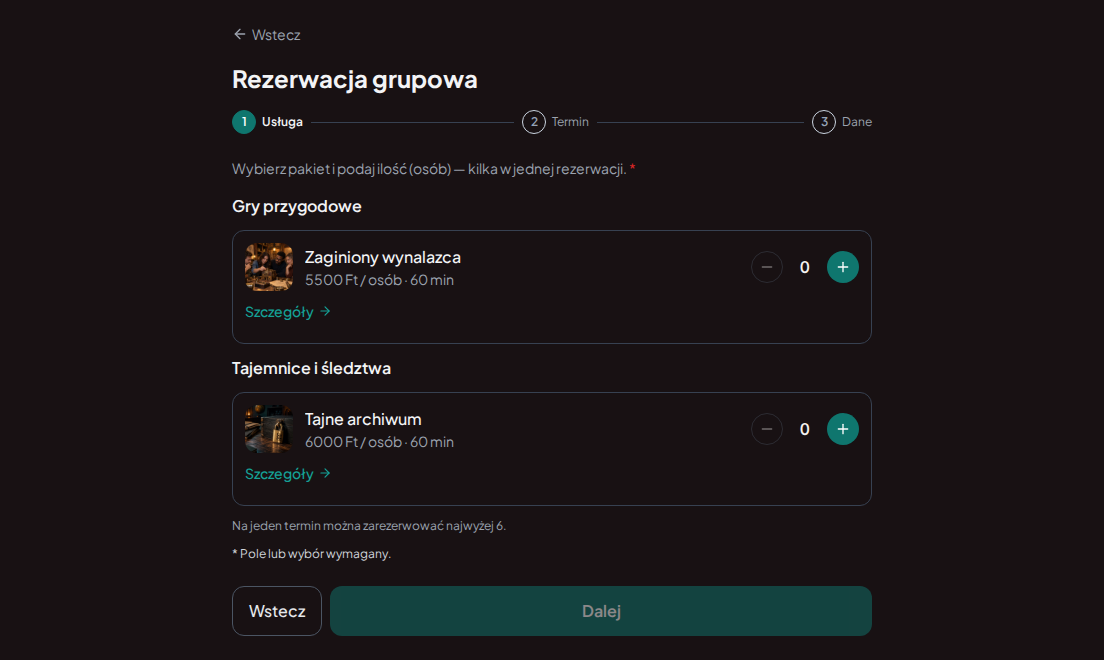 Rezerwacje grupowe do escape roomów – Escape roomy ze zdjęciami, czasem gry, ceną za osobę i wyborem liczby uczestników