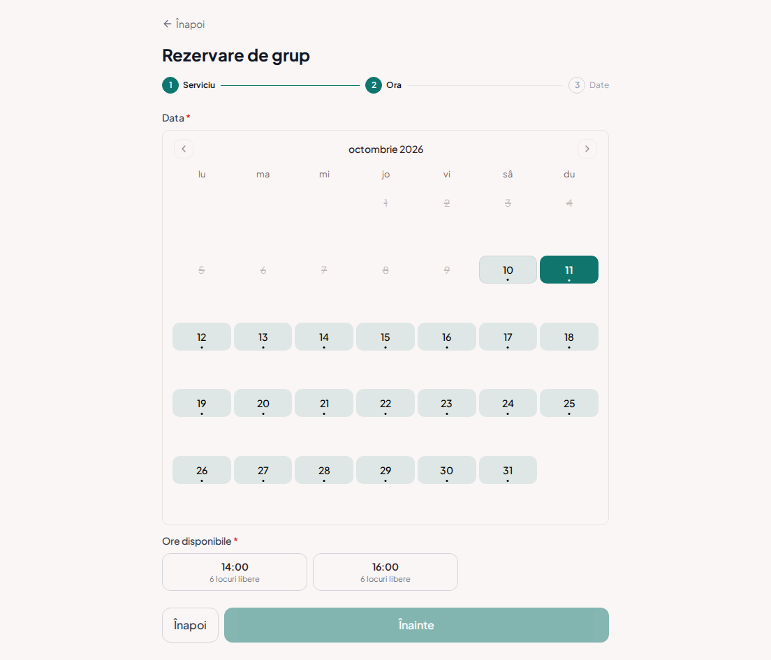 Rezervări de grup pentru camere de evadare – Calendar de rezervări de grup cu intervale disponibile pentru întreaga echipă