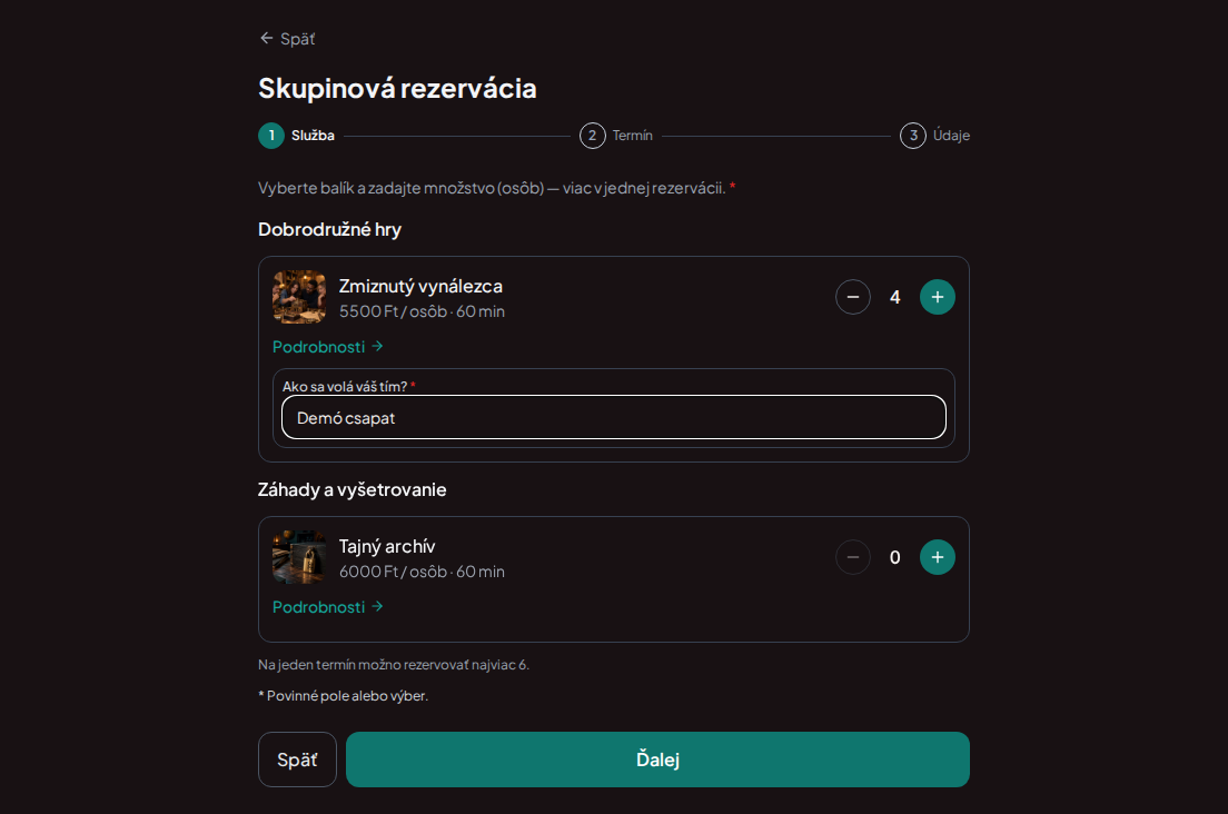 Skupinové rezervácie únikových hier – Skupinový formulár únikovej hry s údajmi kontaktnej osoby a názvom tímu