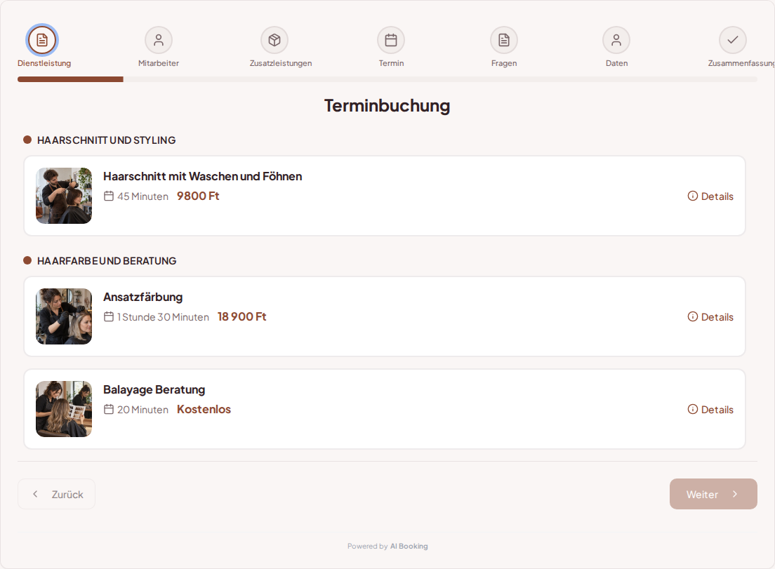 Terminbuchungssystem für Friseure – Haarschnitt mit Waschen und Föhnen, Ansatzfärbung, Balayage Beratung mit Preisen, Dauer und Kategorien