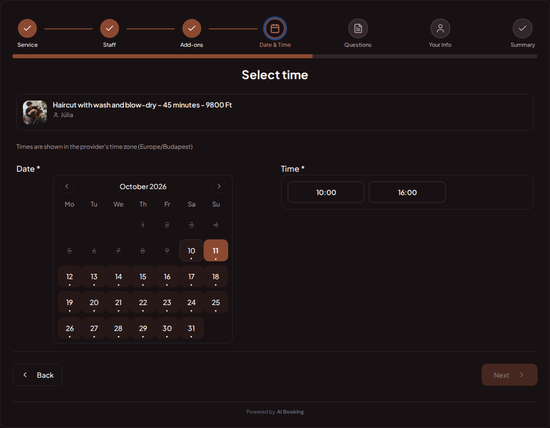 Appointment booking system for hairdressers – Hairdresser appointment booking calendar with available slots for the selected service