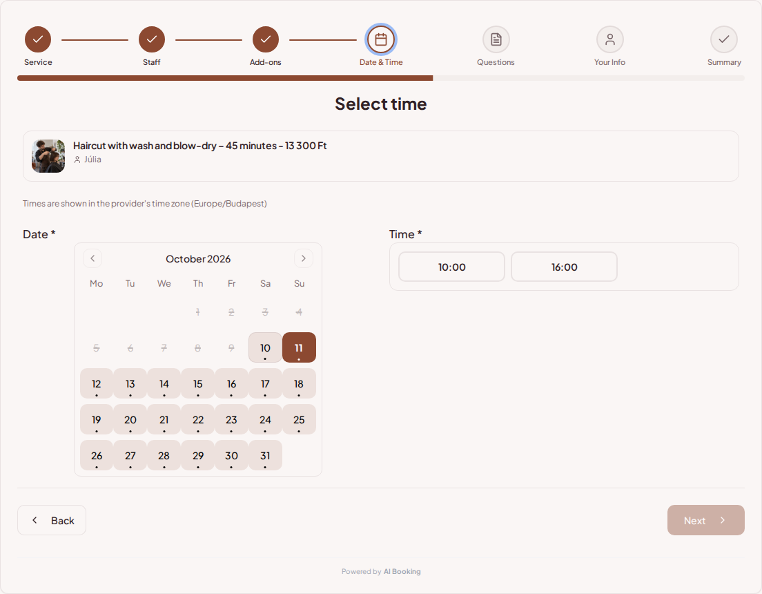 Appointment booking system for hairdressers – Hairdresser appointment booking calendar with available slots for the selected service