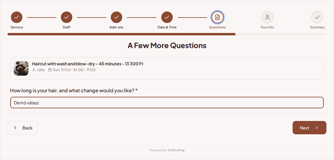 Appointment booking system for hairdressers – Hair treatment pre-booking question: How long is your hair, and what change would you like?