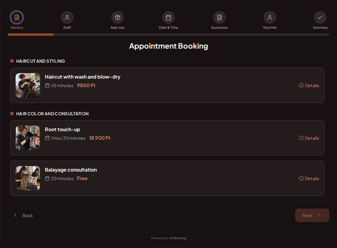 Appointment booking system for hairdressers – Haircut with wash and blow-dry, Root touch-up, Balayage consultation with prices, durations, and categories
