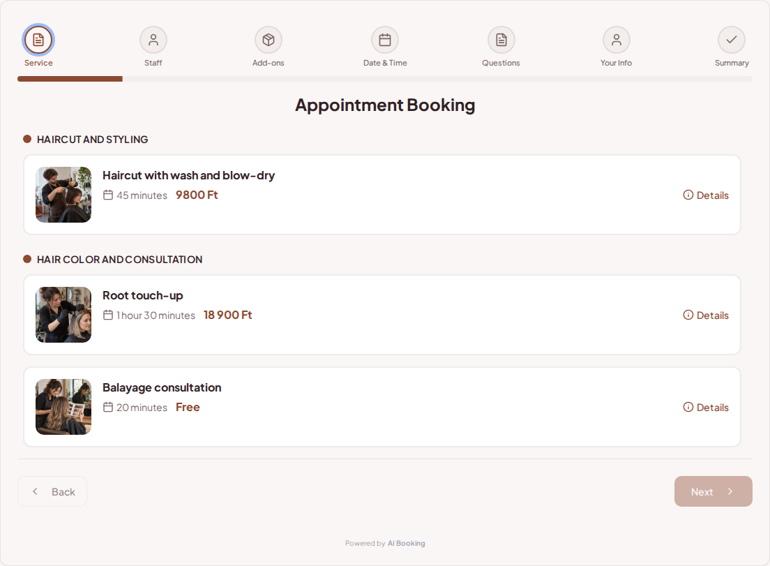 Appointment booking system for hairdressers – Haircut with wash and blow-dry, Root touch-up, Balayage consultation with prices, durations, and categories