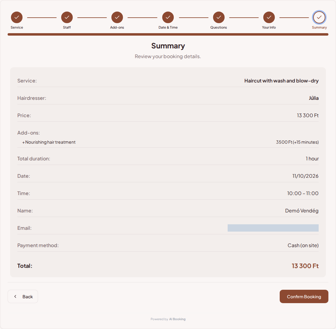 Appointment booking system for hairdressers – Hairdressing booking summary with service, professional, time, and fee