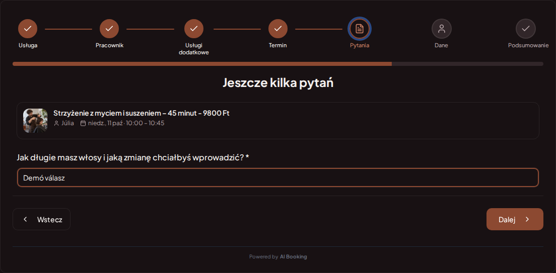 System rezerwacji dla fryzjerów – Pytanie wstępne przy rezerwacji fryzjerskiej: Jaką masz długość włosów i jakich zmian oczekujesz?
