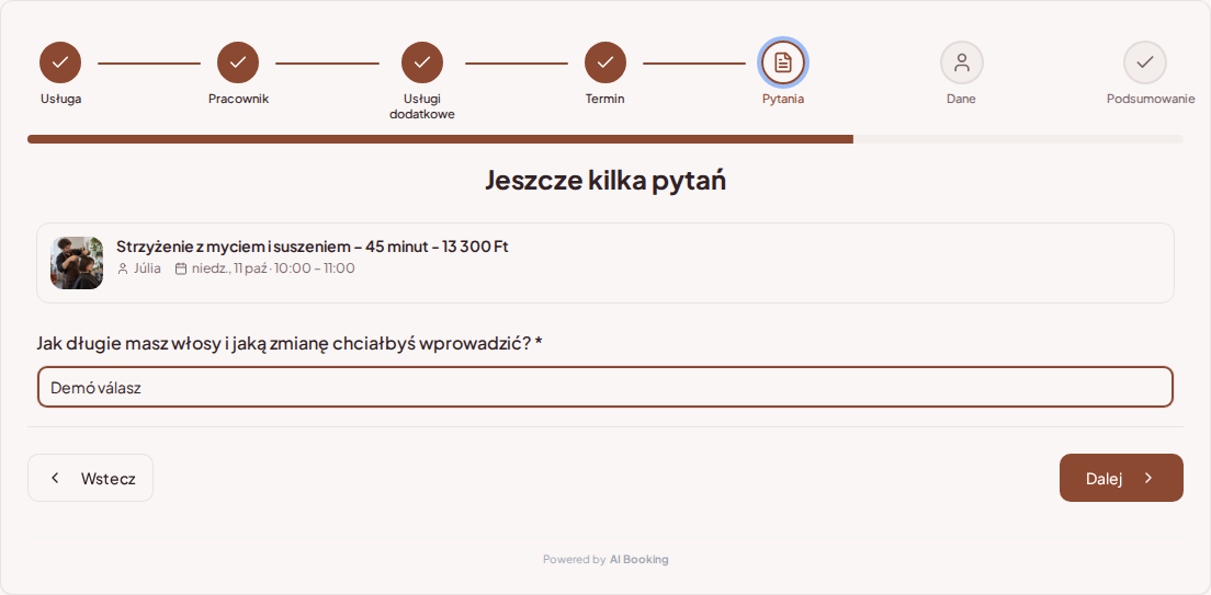 System rezerwacji dla fryzjerów – Pytanie wstępne przy rezerwacji fryzjerskiej: Jaką masz długość włosów i jakich zmian oczekujesz?