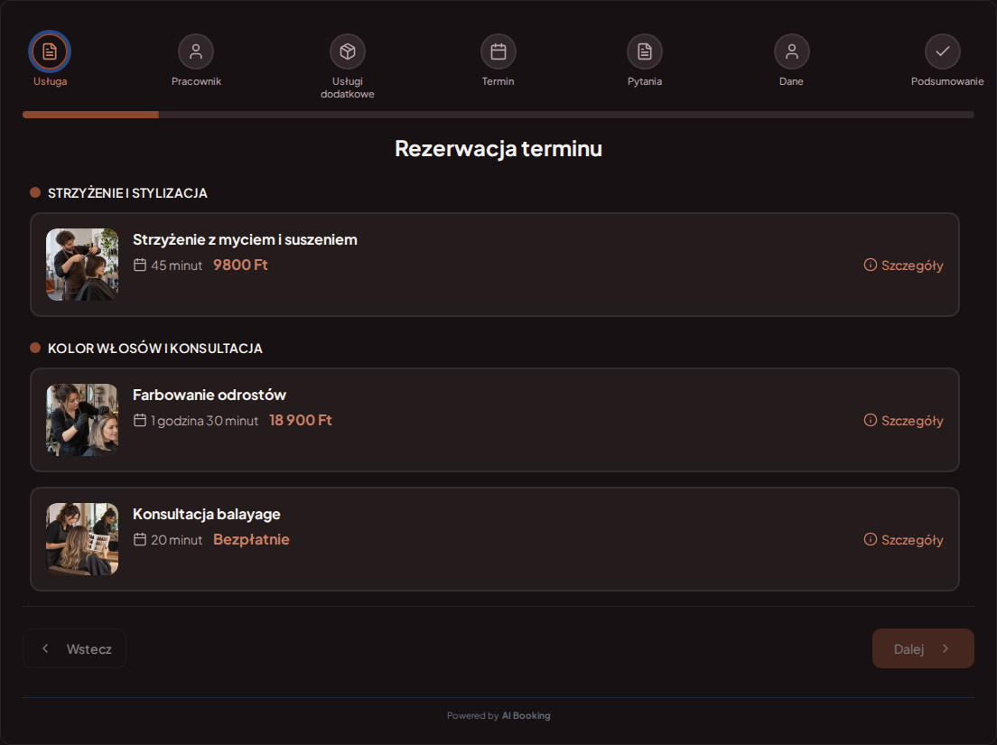 System rezerwacji dla fryzjerów – Strzyżenie z myciem i suszeniem, Farbowanie odrostów, Konsultacja balayage z cenami, czasem trwania i kategoriami