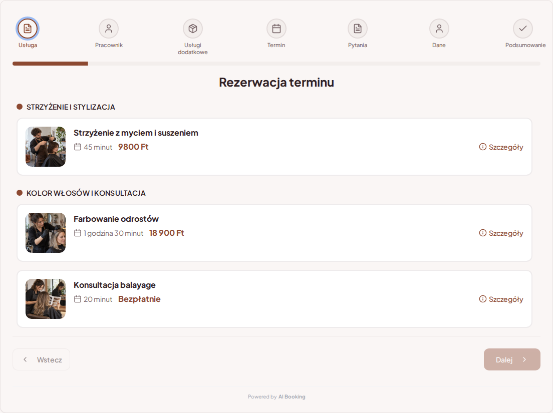 System rezerwacji dla fryzjerów – Strzyżenie z myciem i suszeniem, Farbowanie odrostów, Konsultacja balayage z cenami, czasem trwania i kategoriami