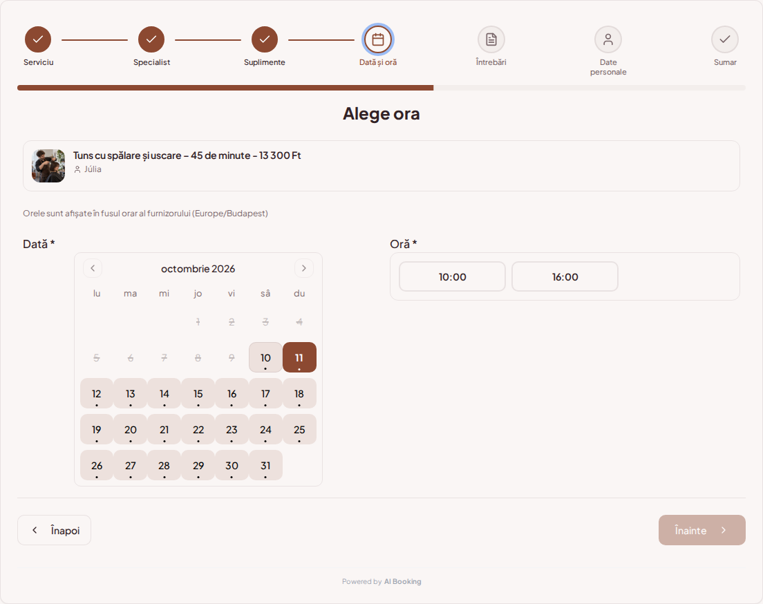 Sistem de programări pentru coafori – Calendar de programări coafor cu intervale libere pentru serviciul ales