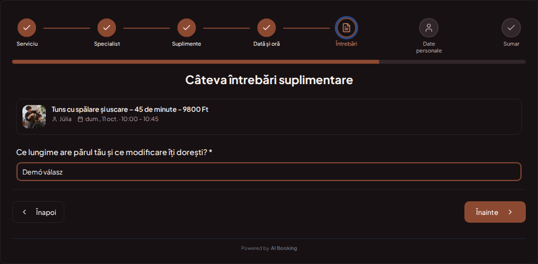 Sistem de programări pentru coafori – Întrebare prealabilă la rezervarea serviciului de coafor: Ce lungime are părul tău și ce modificare îți dorești?