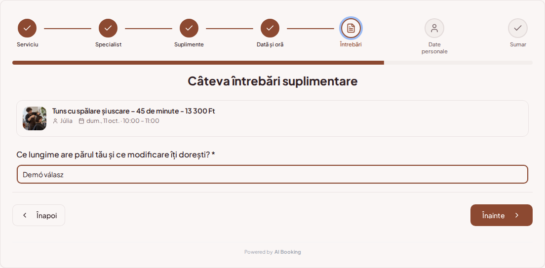 Sistem de programări pentru coafori – Întrebare prealabilă la rezervarea serviciului de coafor: Ce lungime are părul tău și ce modificare îți dorești?