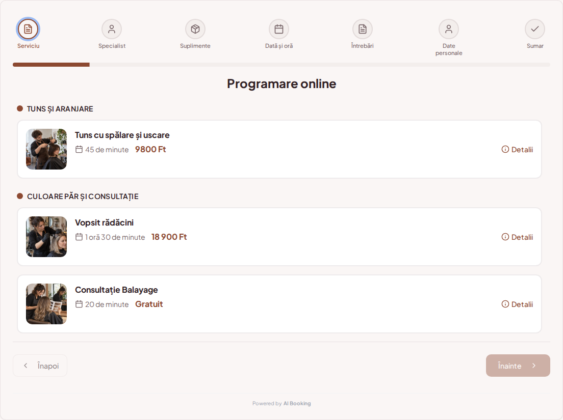 Sistem de programări pentru coafori – Tuns cu spălare și uscare, Vopsit rădăcini, Consultație Balayage cu prețuri, durată și categorii