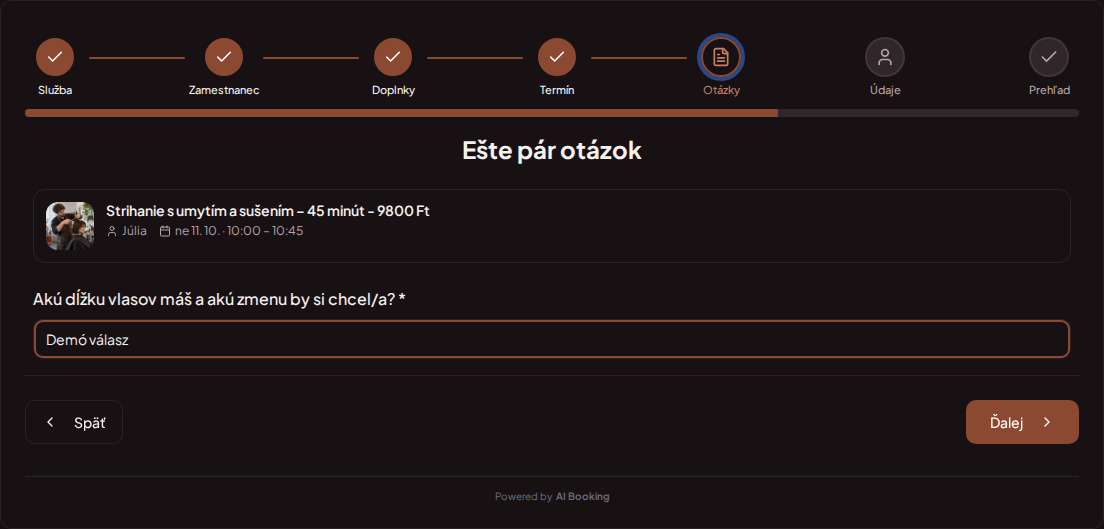 Systém na rezervácie pre kaderníkov – Predrezervačná otázka kaderníckeho ošetrenia: Akú dĺžku vlasov máš a akú zmenu by si chcel/a? Systém na rezervácie pre kaderníkov – Predrezervačná otázka kaderníckeho ošetrenia: Akú dĺžku vlasov máš a akú zmenu by si chcel/a?
