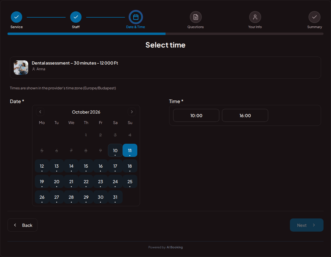 Appointment booking system for dentists – Dental clinic booking calendar with available slots for the selected service