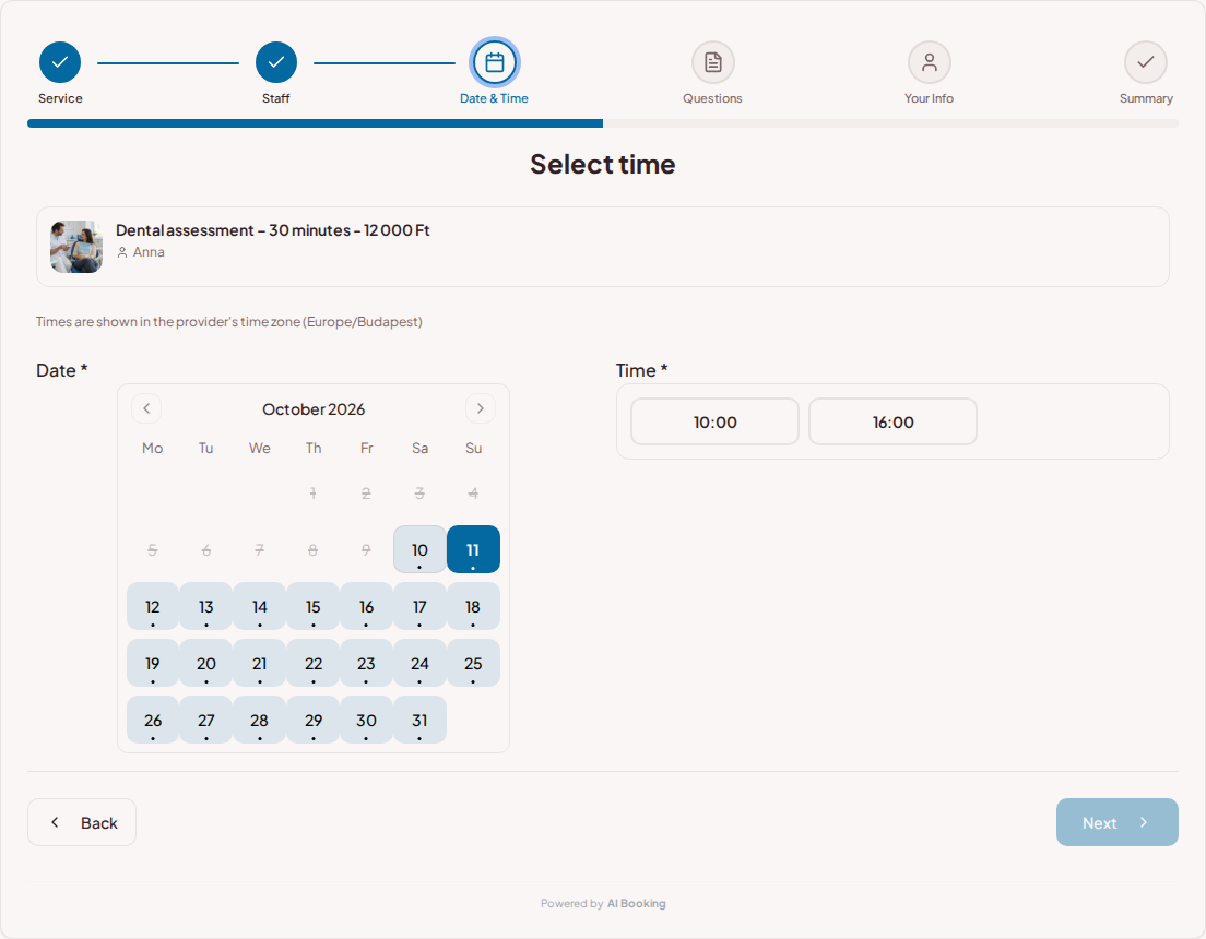 Appointment booking system for dentists – Dental clinic booking calendar with available slots for the selected service
