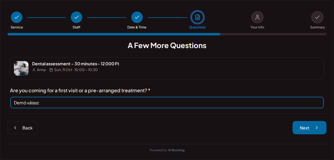 Appointment booking system for dentists – Dental visit pre-booking question: Are you coming for a first visit or a pre-arranged treatment?
