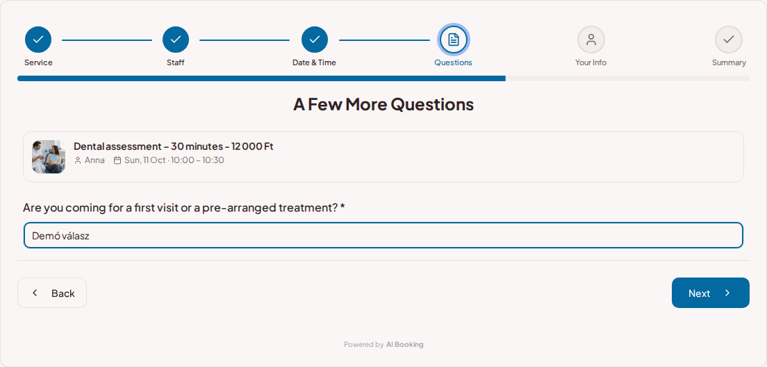 Appointment booking system for dentists – Dental visit pre-booking question: Are you coming for a first visit or a pre-arranged treatment?