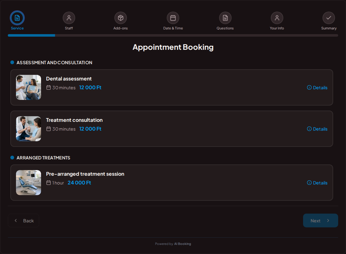 Appointment booking system for dentists – Dental assessment, Treatment consultation, Pre-arranged treatment session with prices, durations, and categories