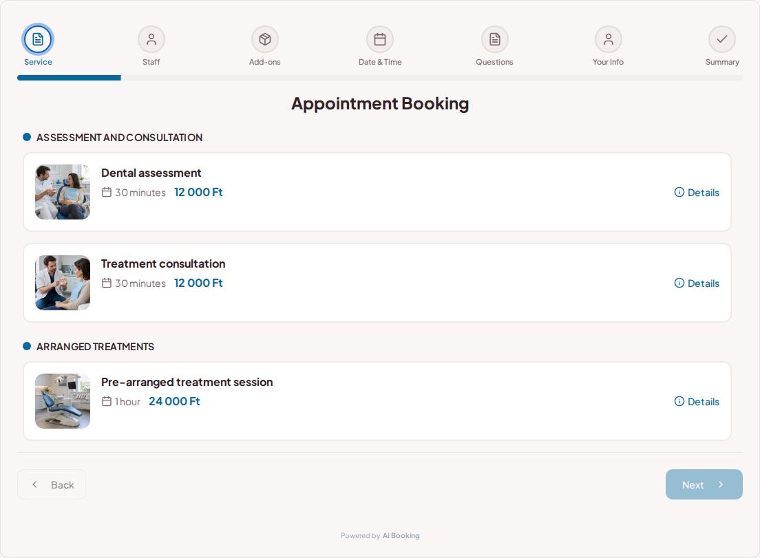 Appointment booking system for dentists – Dental assessment, Treatment consultation, Pre-arranged treatment session with prices, durations, and categories