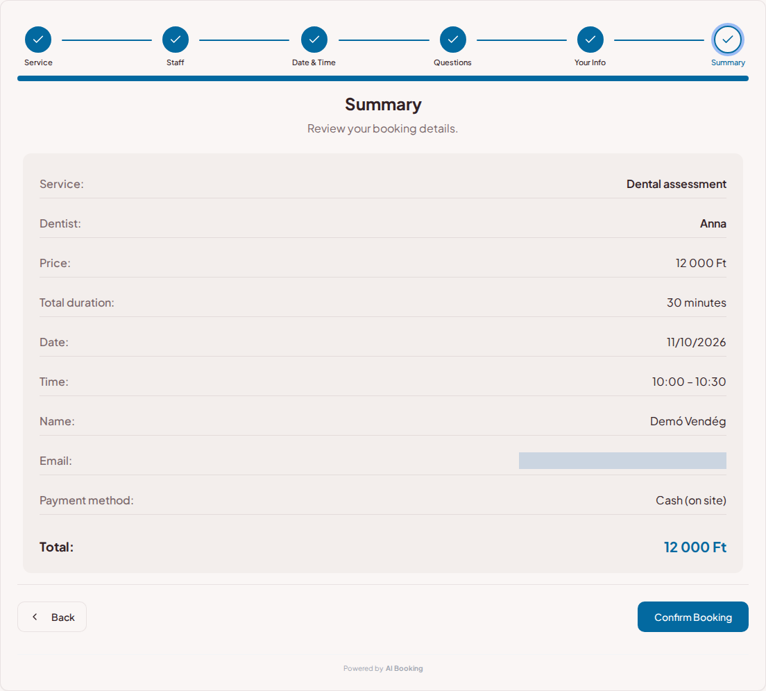 Appointment booking system for dentists – Dental visit booking summary with service, specialist, time, and fee