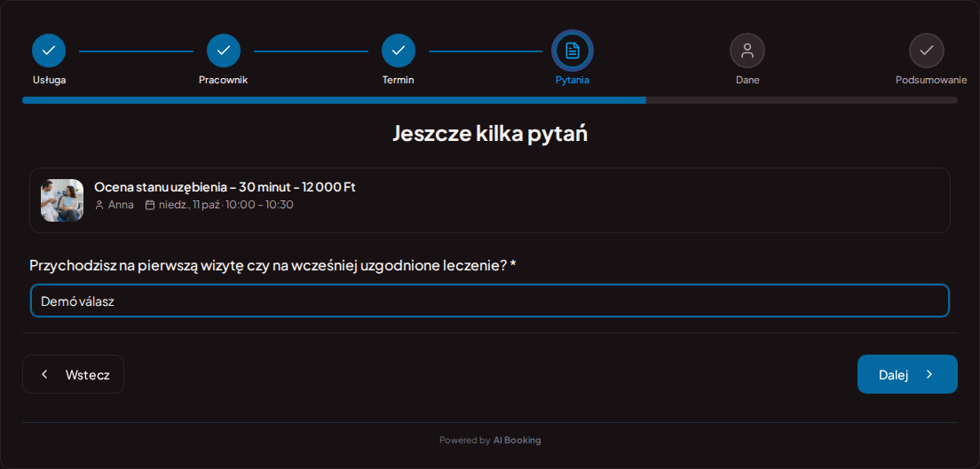 System rezerwacji dla stomatologów – Pytanie wstępne do rezerwacji wizyty stomatologicznej: Przychodzisz na pierwszą wizytę czy na uzgodnione wcześniej leczenie?