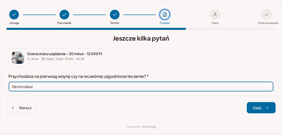 System rezerwacji dla stomatologów – Pytanie wstępne do rezerwacji wizyty stomatologicznej: Przychodzisz na pierwszą wizytę czy na uzgodnione wcześniej leczenie?